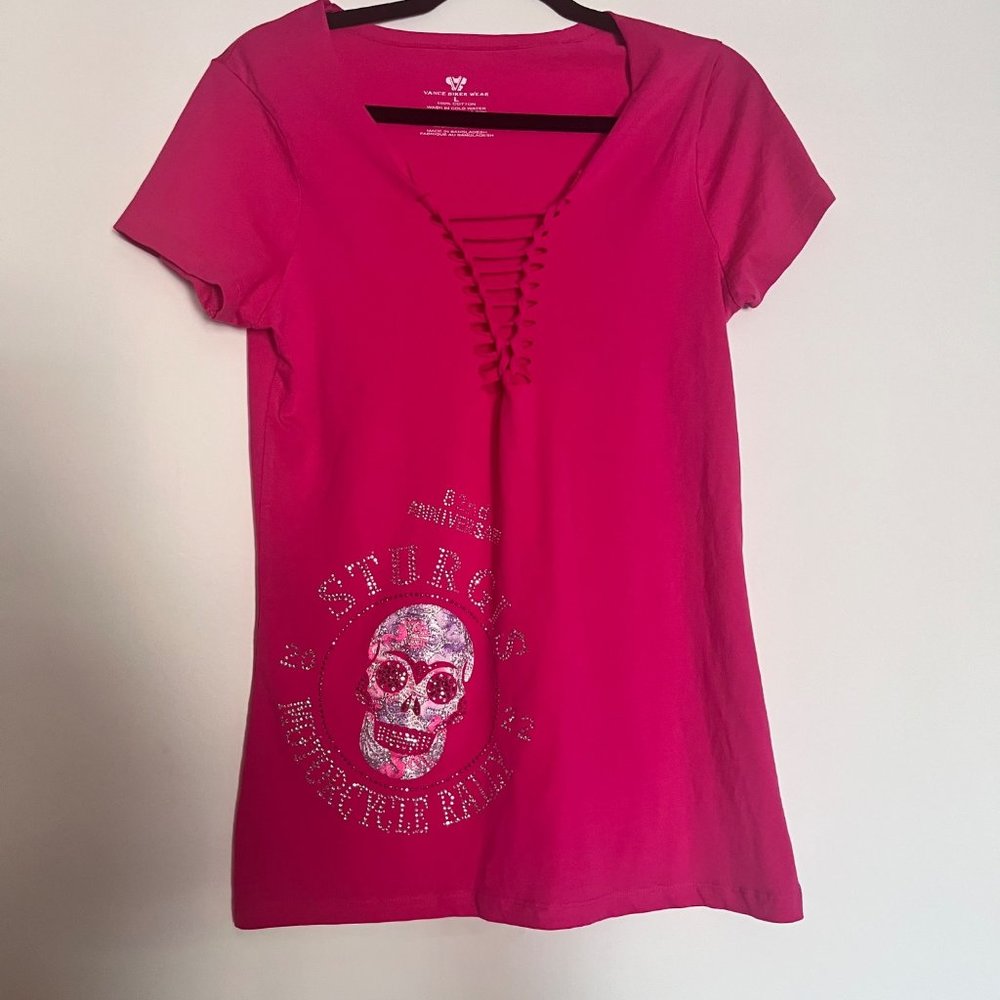 Vance Biker Wear Women Sturgis 2022 Motorcycle Rally Skull Pink Shirt Size L‎